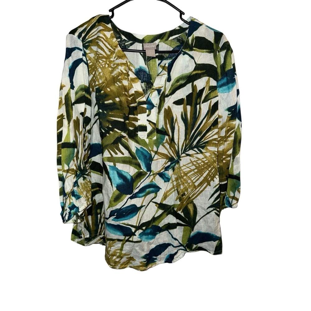 Chico's Floral Linen 3/4 Sleeve V-Neck Blouse Women Size 3/XL Beachy‎ Coastal
